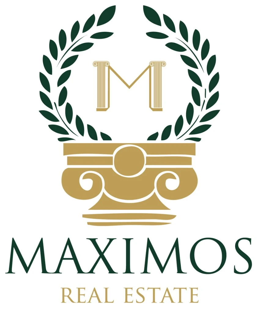 Maximos Real Estate logo: classical column M with laurel wreath and serif wordmark